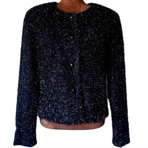 Jessica Howard Cropped‎ Blazer Size 10 Black Sparkle Tinsel Shoulder Pads Party